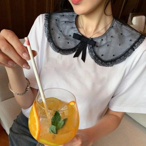 Cotton Eureeky Luxury Brand Black Mesh Collar T-shirt Women 2021 Summer Sweet Casual Loose Letters Beading Short Sleeves Tshirts