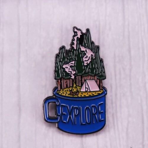 EXPLORE Forest Enamel Pins Mug Cup Brooches Adventure Camping Badge Fashion Jewelry Gifts