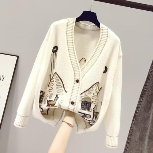 2020 Autumn Winter Women Cardigan Warm Knitted Sweater Jacket Cartoon House Fashion Cardigans Coat Lady Loose V Neck Knitwear