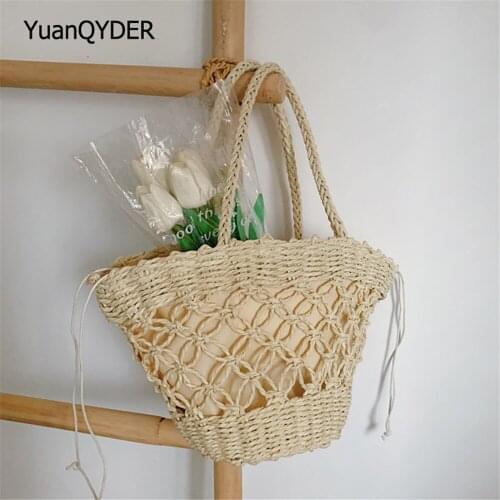 2021 Summer New Womens Beach Bag Fashion Ladies Hand Woven Bag Drawstring Pocket Design Women Shoulder Messenger Bags Sac Femme