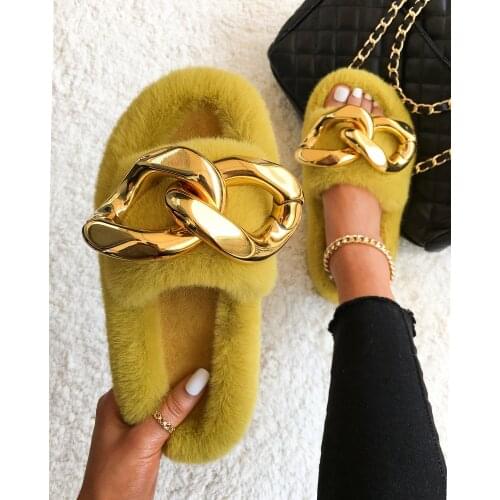 Furry Slides For Women Big Gold Chain Plush Slippers Luxury Fluffy Flip Flops Faux Fur Slippers Sandals Ladies Fashion Fur Shoes