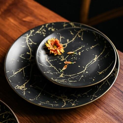 Marble Ceramic Plate Round Dishes Nordic Style Household Dinnerware Steak Dish Pizza Plate Cake Dessert Plate Black