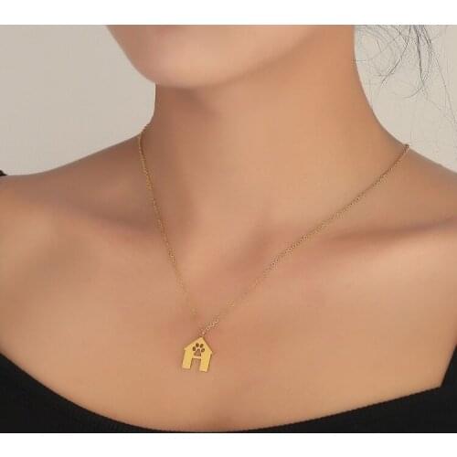 Stainless Steel Pet Dog Paw House Necklaces For Women Cat Footprint Pendant House Choker Lovely Pet Lovers Jewelry Gift