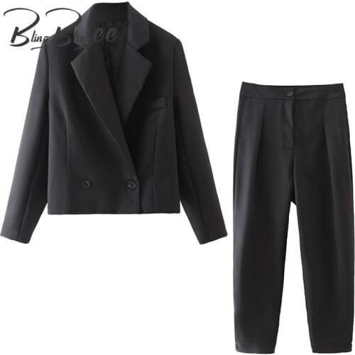 BlingBlingee Autumn Office Lady Suits Cropped Blazers and Ankle Length Straight Pants Casual 2 Piece Sets Women Black 2021