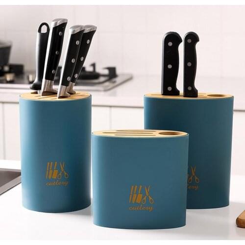 Bamboo Wood Knife Holder Kitchen Knife Block With Slots Drain Hole Scissors Cutter Holder Support Multiple Knife Shapes