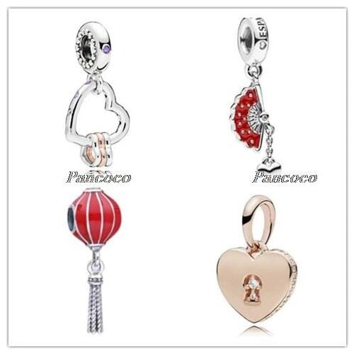925 Sterling Silver Charm Rose Hearts Highlights WIth Crystal Pendant Beads Fit Pandora Bracelet & Necklace Jewelry