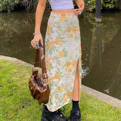 Casual Yellow Flower Print High Waist Splited Skirts Zipper Streetwear Summer Autumn Female Maxi Skirts Fashion 2021