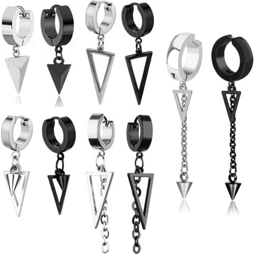 New Arrival Black Stainless Steel Stud Earrings Cone Triangle Tassel Pendant Black Steel Color Ear Clip for Rapper Women Men