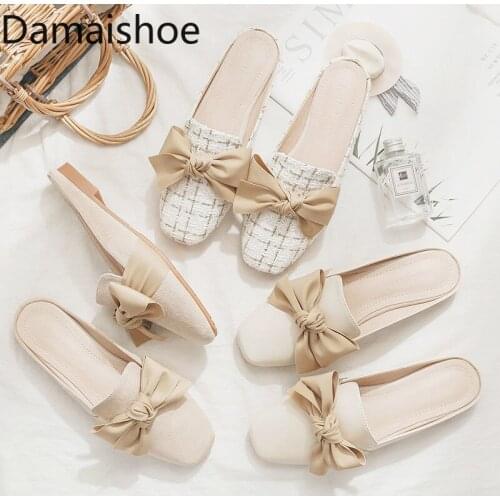 Girls Heart Heel-Free Lazy Net Celebrity Closed Toe Half Slippers Female Flat for Outdoors Fashion All-Match Bow Pumps Female