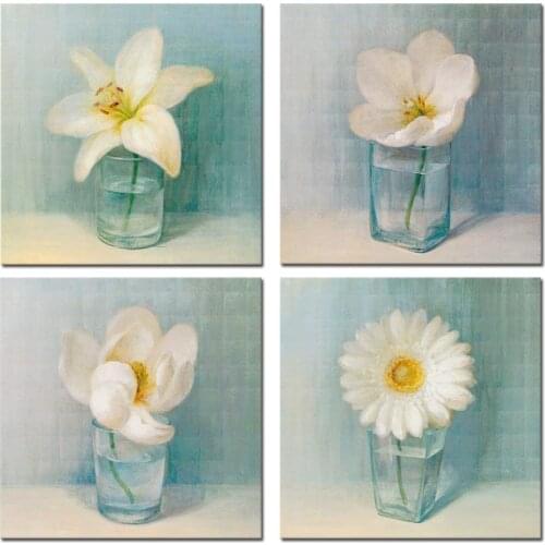 4 Panel Vintage Flower Canvas Wall Art White Lily Daisy Flower Vase Picture Giclee Print on Canvas for Home Office Drop shipping