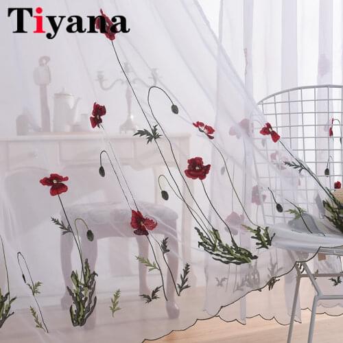 White Sheer Embroidered Red Flower Curtains Tulle for Living Room Classic Simple Pastoral Window Drapery Bedroom Valance JK088Y