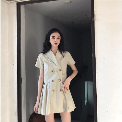 Woman Dresses Suit Collar Short Sleeve Dress High Waist Pleated Skirt Summer Skirt Women Vestido De Mujer Femme Robe