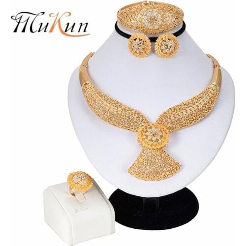 MUKUN 2019Nigeria Jewelry Sets for Women Crystal Necklace Earrings Ring Bracelet Fashion Dubai Gold Jewelry Sets Wedding Jewelry