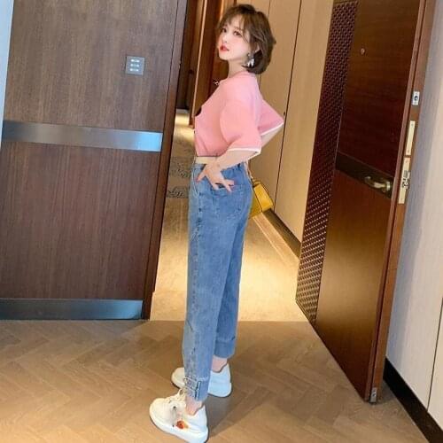 Ladies Suit Heavy Industry Sequined Chain Loose T-shirt + High Waist Denim Carrot Pants Suit Womens 2021 Summer New