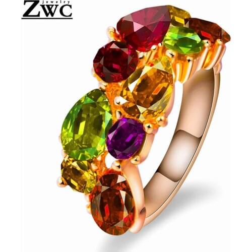 ZWC New Fashion Glamour Colored Crystal Zircon Ring for Women Girl Party Wedding Personality Luxury Rose Gold Ring Jewelry Gift