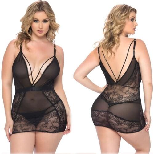 Plus Size Women Sexy Lingerie Mini Dress Mesh Transparent Babydoll Porno Sex Underwear Dresses Erotic Backless V-neck Dress