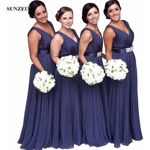 Navy Blue Chiffon Bridesmaids Dresses Long A-line V-neck Women Wedding Party Dress With Beads abiti da damigella d'onore BDS048