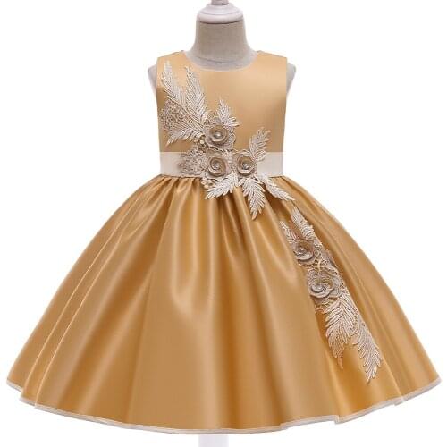 Gold O Neck Sleeveless Flower Girls Dress Girls Formal Holly Communion Dress with Appliques Party Satin Children Prom Gown
