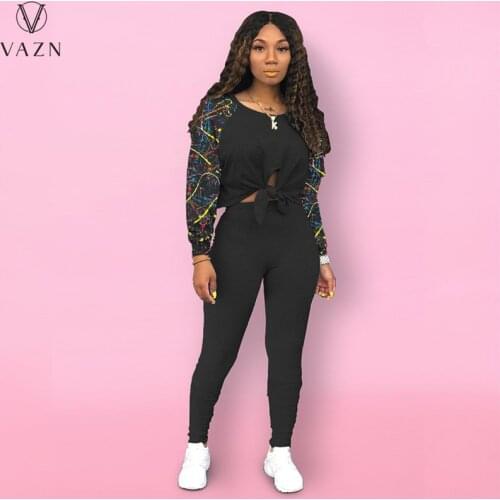 VAZN 2021 Autumn High-end Sexy Overalls Full Sleeve Sweet Hollow Out Young Long Pencil Pants Slim Women 2 Piece Set