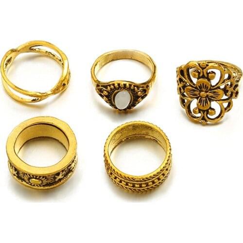 5 Kinds Vintage Design Flowers Retro Figures Bohemia Golden Silver Plated Rings for Women 5 pcs/set