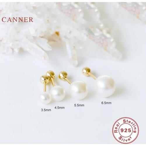 CANNER Real 925 Sterling Silver Earrings For Women 3.5 4.5 5.5 6.5mm Pearl Thread Stud Earrings Zircon Korean Jewelry Pendientes