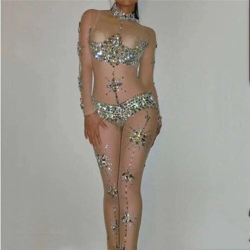 H154 Sequins Mirrors Bodysuit Drills Diamond Gem See-Through Jumpsuit Performance Perspective Sexy Party Prom Pearls Model Show