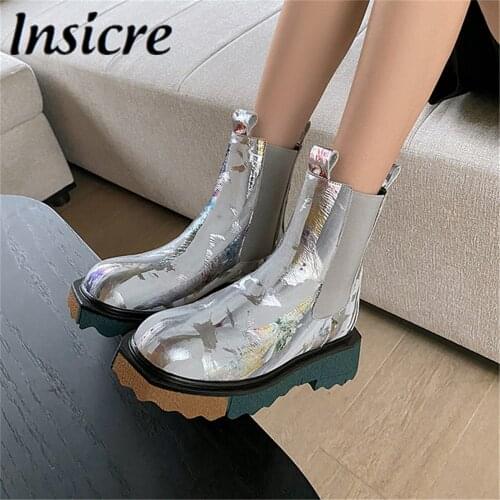 Insicre New Fashion Female Camouflage Platform Chelsea Ankle Boots Hot Sale Square Heels Women Round Toe Slip On Casual Shoes