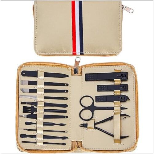Gold color bag cool matte black nail clippers set nail tools carbon steel 16pcs/set