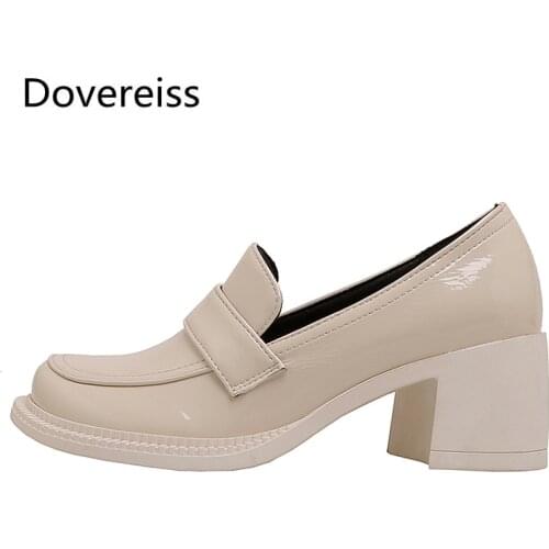 Dovereiss Fashion Womens Shoes summer new Elegant consice Slip on Square toe beige Grey Chunky heels Pumps 32-43