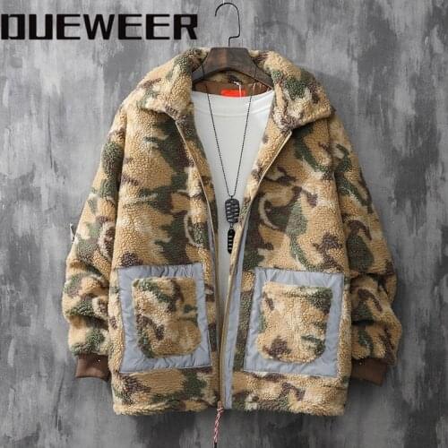Dueweer Winter Camouflage Jackets Mens Japanese Streetwear Cargo Personality Zipper Cashmere Cardigan Fleece Jacket Outwear