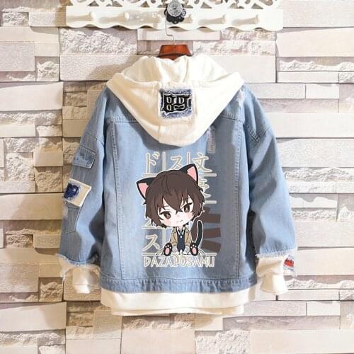 Anime Bungo Stray Dogs Costume Jean Jacket Dazai Osamu Cosplay Denim Raw Hem Jeans Adult Autumn Spring Hooded Outwear Coat
