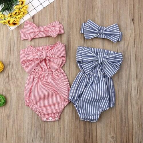 Toddler Baby Girls Off Shoulder Romper Jumpsuit Outfits Set Strapless Striped Big Knotbow One Piece Suit With Headband