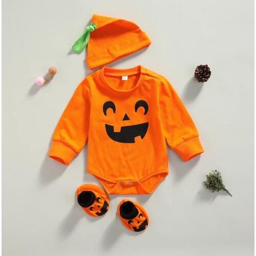 Halloween Newborn Baby Boys Girls Romper Sets 0-18M Printed Long Sleeve Jumpsuits Hats+Shoes