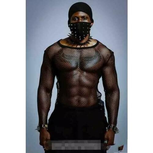 Korean version of young mens round neck mesh hollow sexy slim bottomed long sleeve T-shirt personalized club bar host