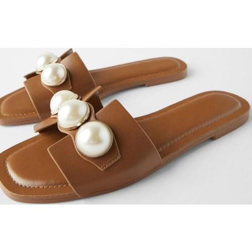 LMCAVASUN 2021 Hot Selling Designer Shoes Summer New Womens Brown Pearl Slippers Flat Beach Slides Sandals