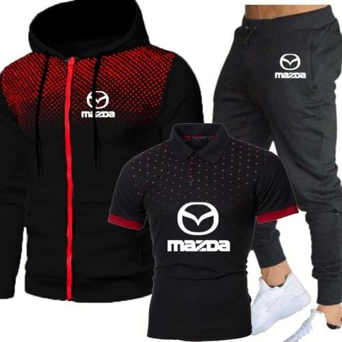 Spring Autumn Mens Hooded Jacket Mazda Car Logo Printed cotton Gradient Splicing Mens sweatshirt+sweatpants 3-piece set