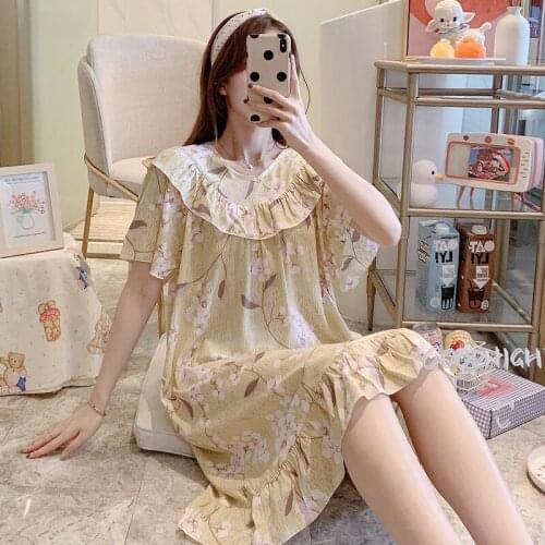 Short-sleeved Cotton Silk Nightdress Female Summer Thin Cotton Silk Print Home Dress Japanese Large Size Fat MM Viscose Dress