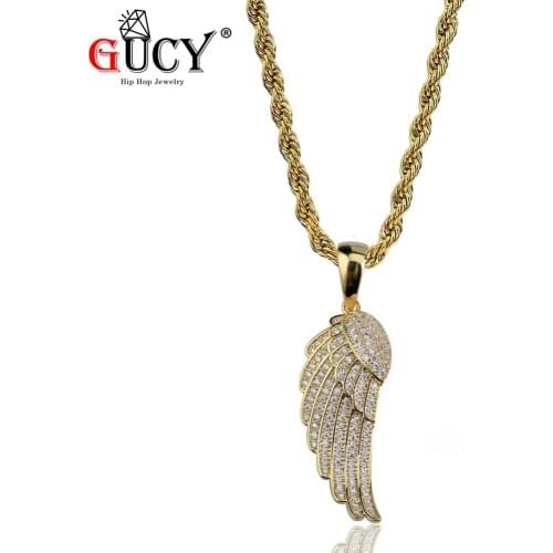 GUCY Hip Hop Angels Wing Pendant Necklace Copper Gold/Silver Color Plated Iced Out Micro Paved CZ Stones Gift for Women Men
