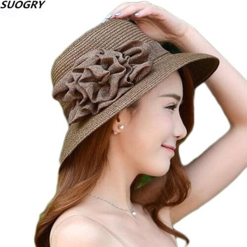 [SUOGRY] 2018 Fashion Sun Hat Adult Big Flower Beach Cap Lady Wide Brim Straw Hat Elegant Summer Hat for Women