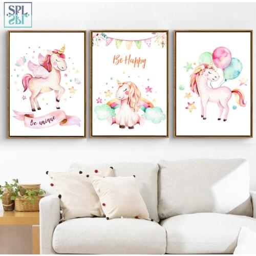 SPLSPL Nordic Canvas Painting Watercolor Unicorn Cartoon Wall Art Print Decoration Picture for Boys and Girls Room No Frame