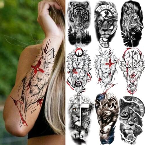 Cross Lion Demon Temporary Tattoo For Women Men Kids Boy Wolf Fake Compass Tattoos Sticker Black Tiger Forest Devil Tatoos Arm