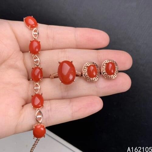 Fine jewelry 925 pure silver Chinese style natural red coral womens luxury classic oval gem ring earring bracelet suit support