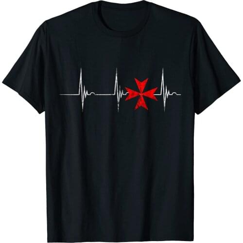 Funny Maltese Cross Heartbeat EKG Pulse Hospitaller Crusader T-Shirt. Summer Cotton Short Sleeve O-Neck Mens T Shirt New S-3XL