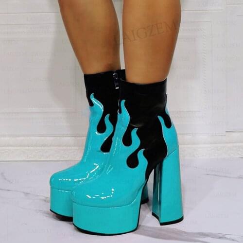 SEIIHEM Women Ankle Platform Boots Zip Up Round Toe Block High Heels Booties Patchwork Unisex Shoes Woman Big Size 41 42 44 47