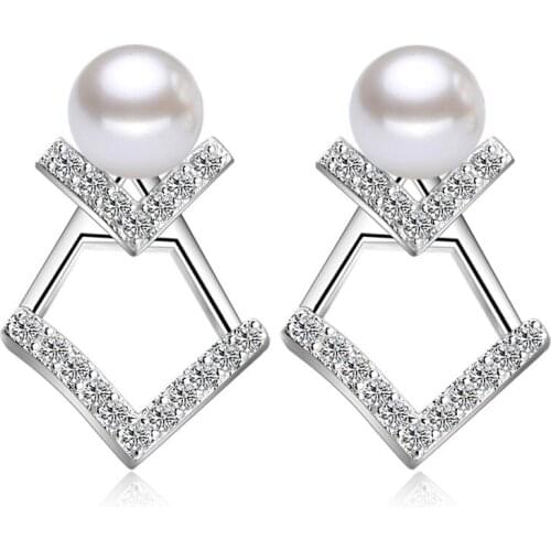 S925 Silver Earring Cute Pave Happy V Pearl Drop Earring For Women Wedding Gift Lady Girl Fashion Jewelry