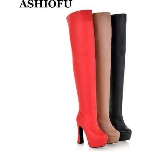 ASHIOFU MLL-M916 Womens Thick Heel Long Boots Sexy Platform Party Over Knee Boot Evening Club Winter Fashion Large Size Boots