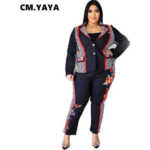 CM.YAYA Plus Size XL-5XL Autumn Winter Womens Set Blazers Pants Set Active Tracksuit Two Piece Outfit Set Office Lady Print