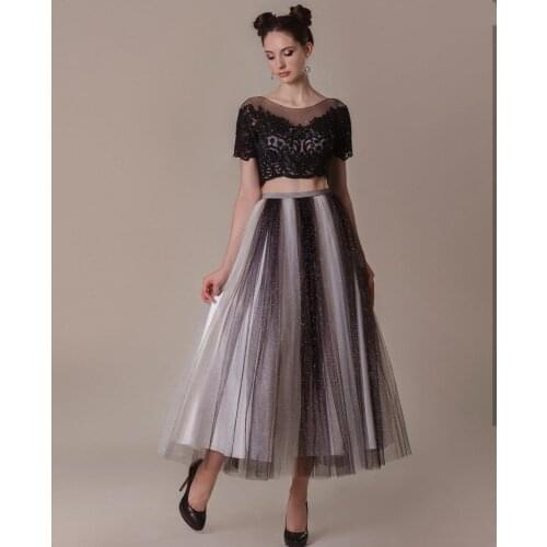 Prom Dress 2021 Two Pieces Short Sleeve Black Shinny Lace Appliques Luxury Women Formal Evening Dress Custom Made Sexy Gowns