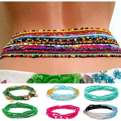 2Pcs/Set Bohemian Style Women Bead Waist Chains Multi-Layer Elastic Body Chain Belly Chains For Beach Party Jewelry Accessories