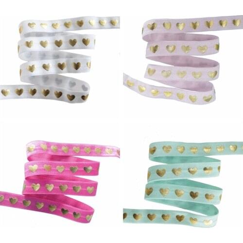5/8" Gold foil heart hearts printed FOE fold over elastic ribbon for Valentines Day accessory welcome custom printed
